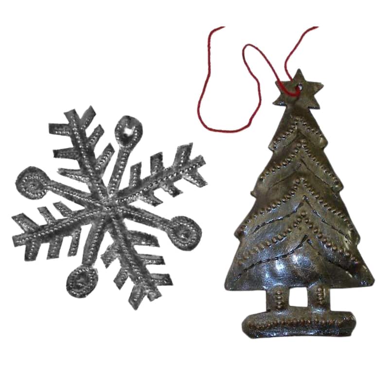Christmas Tree and Snowflake Haitian Metal Drum Ornaments, Set of 2 - N/A