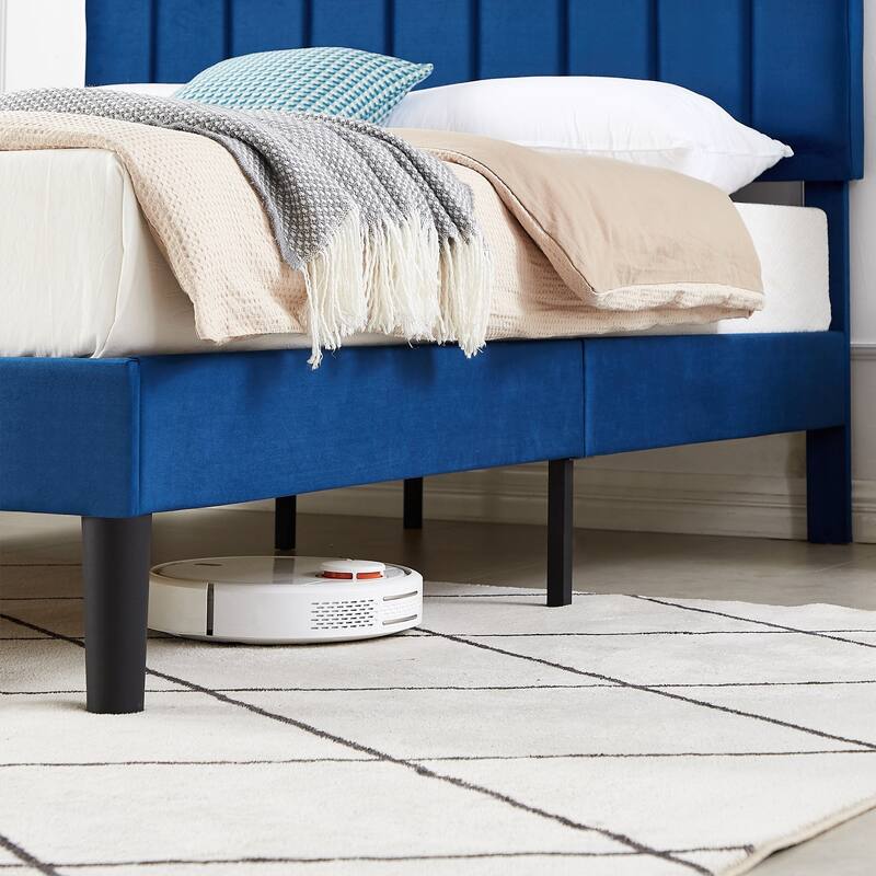 VECELO Velvet Upholstered Bed Frame with Vertical Channel Tufted Headboard, Adjustable Headboard, Wooden Slats Support