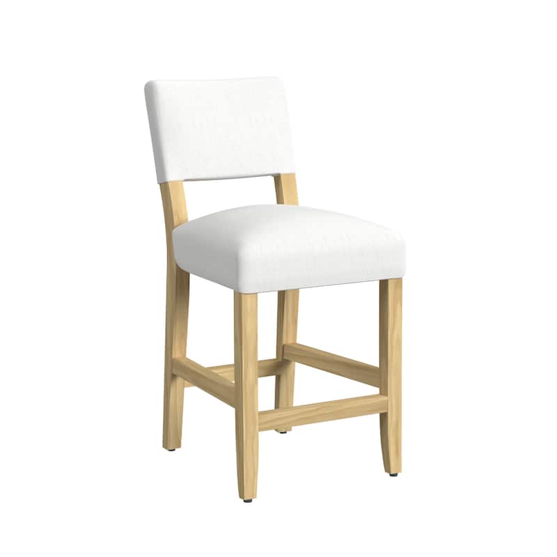 Bowo Counter Stool Chair, White Fabric Seat, Brown Hardwood Legs