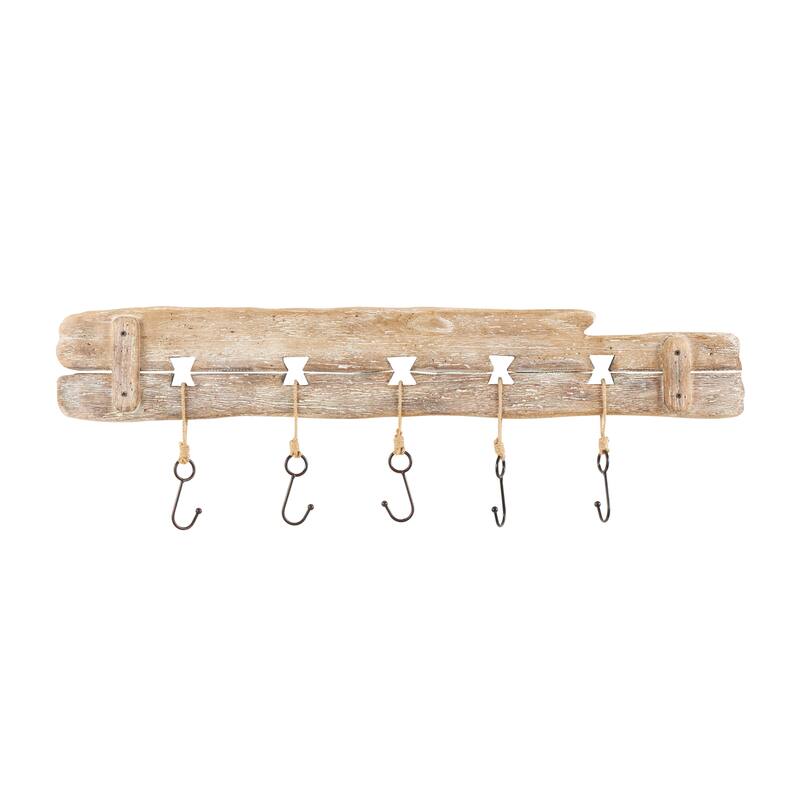 Brown Wood Whitewashed 4 Hanger Anchor Home Wall Hook with Hanging Rope and Bronze Metal accents (Set of 2)