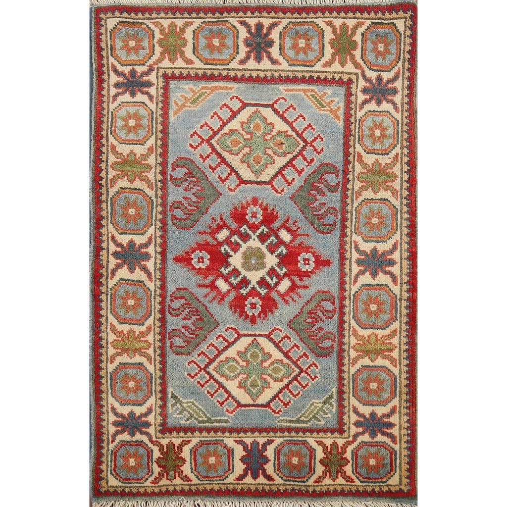 Light Blue Geometric Kazak Oriental Accent Rug Handmade Wool Carpet - 2'1"x 2'10"