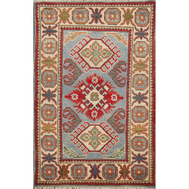 Light Blue Geometric Kazak Oriental Accent Rug Handmade Wool Carpet - 2'1"x 2'10"
