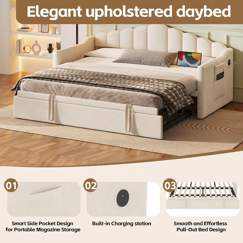 Upholstered Daybed with Adjustable Height Pop Up Trundle and 2 Side Pockets
