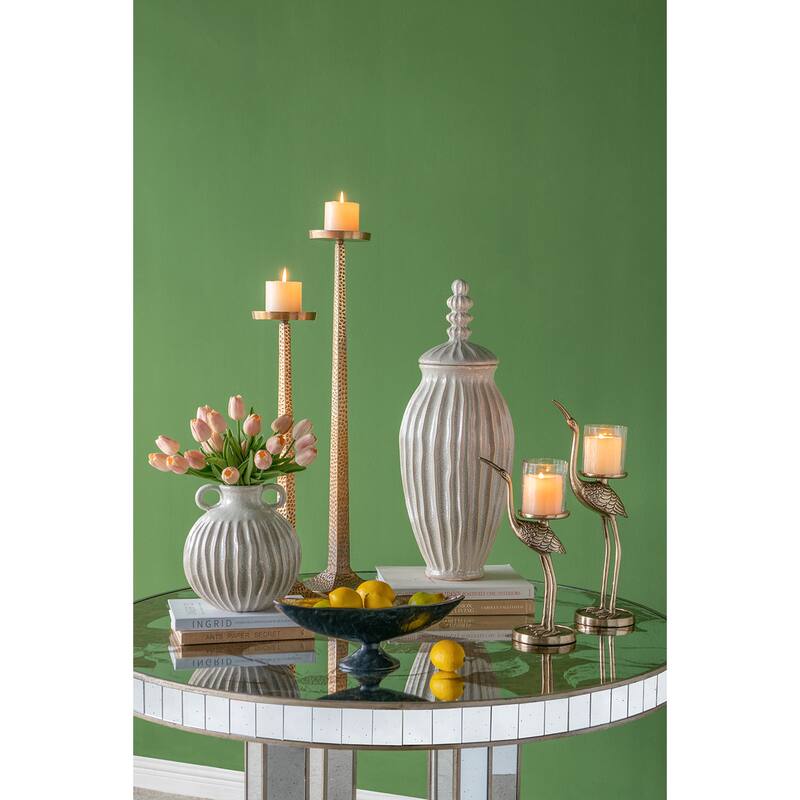 9x9x10" Decorative Round Ceramic Flower Vase with Small Handles and Textured Motif, Gold