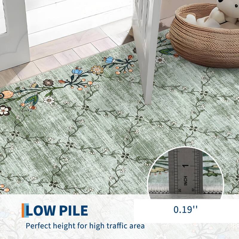 Floral Area Rugs for Living Room Low Pile Non Slip Rugs Washable Soft Foldable Accent Carpet Home Decor