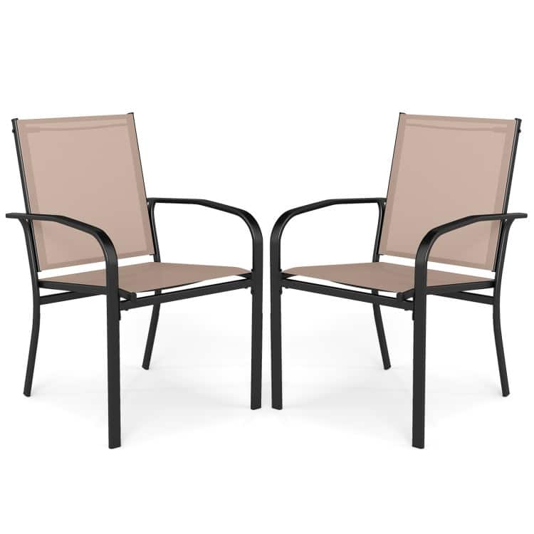 Light Brown Stackable Patio Dining Chairs Set of 2 with Metal Frame and Ergonomic Design - 24" x 22.5" x 35"