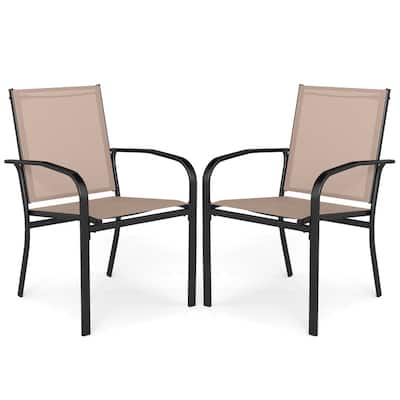 Light Brown Stackable Patio Dining Chairs Set of 2 with Metal Frame and Ergonomic Design - 24" x 22.5" x 35"