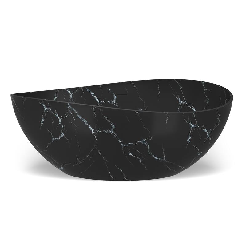63 in. x 37 in. Solid Surface Freestanding Soaking Bathtub in Matte Black with Royal Misty Marble Pattern, Center Drain