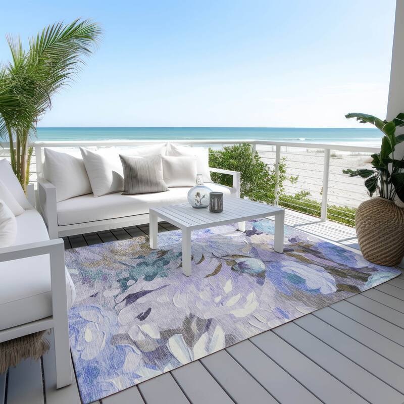Machine Washable Indoor/ Outdoor Watercolor Floral Chantille Rug