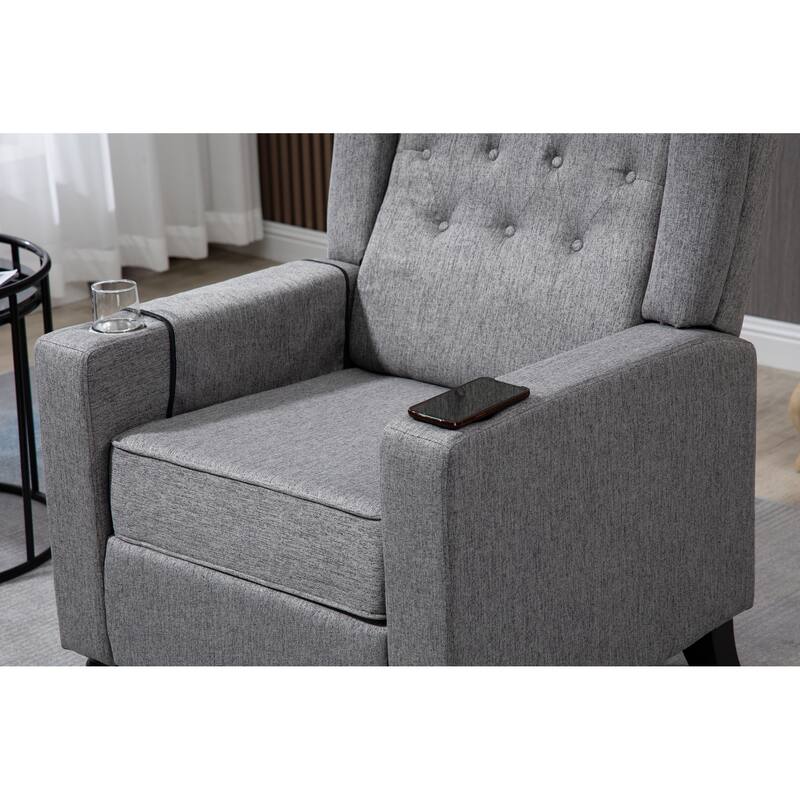 Linen Fabric Wingback Push Back Recliner Chair with 2 Hidden UBS Ports