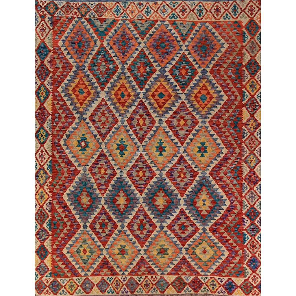 Colorful Kilim Oriental Area Rug Flatweave Wool Carpet - 8'1"x 9'11"