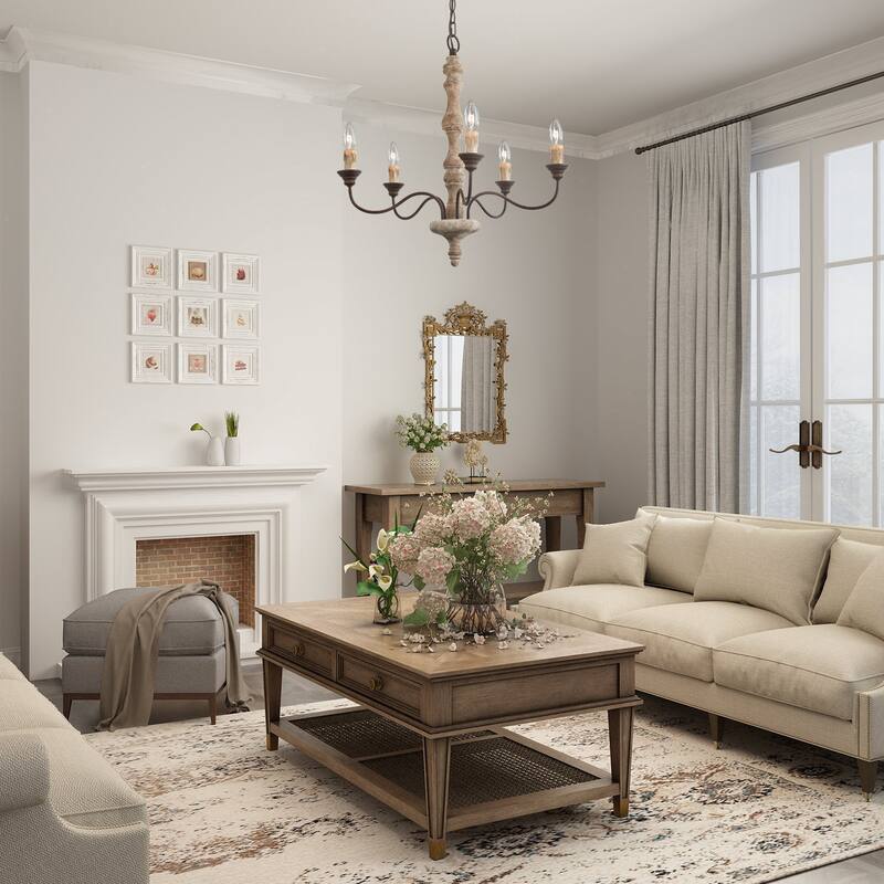 Farmhouse French Country 5-Light Wood Chandelier Hanging Light - D 23"* H 24.5 "