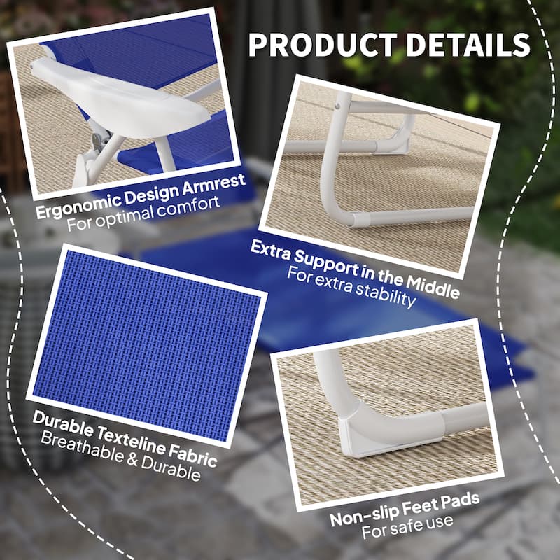 Foldable Adjustable Chaise Lounge Chair with Pillow and Armrests Portable Mesh Sun Lounger for Patio Poolside and Backyard