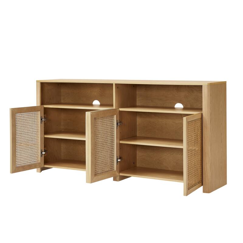 63" Modern Rattan Sideboard Buffet Cabinet with Storage and Open Shelf