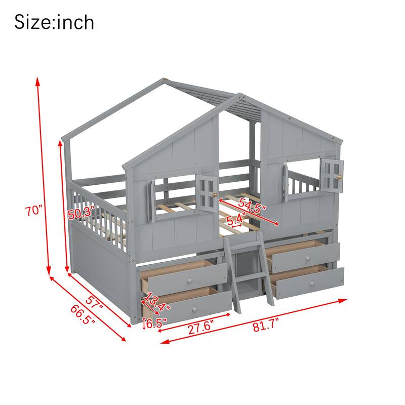 Full Size House-shaped Loft Bed with House Roof Frame Skylight Windows 4 Storage Drawers Guardrails and Stairs for Kids' Room