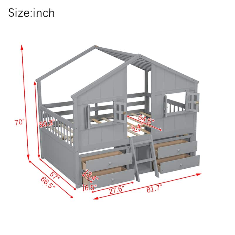 Wooden Loft Bed w/4 Storage Drawers and Roof, Full Size House Loft Pine Wood Bed