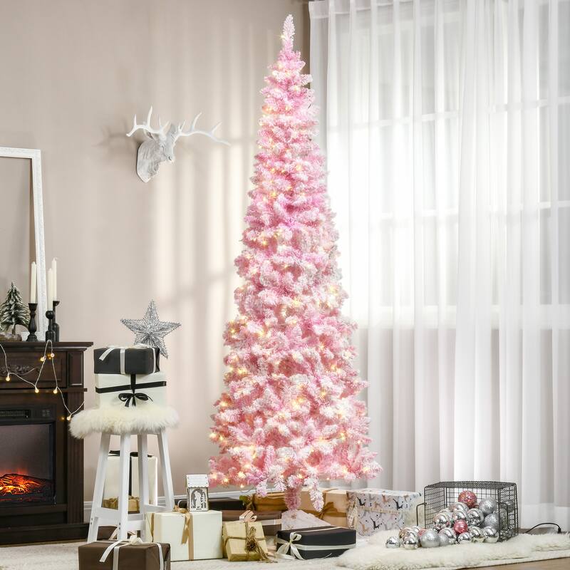 HOMCOM Pre-Lit Snow Flocked Pencil Tree - Realistic Pine Branches, Warm White LED Lights, Auto Open, Pink & White