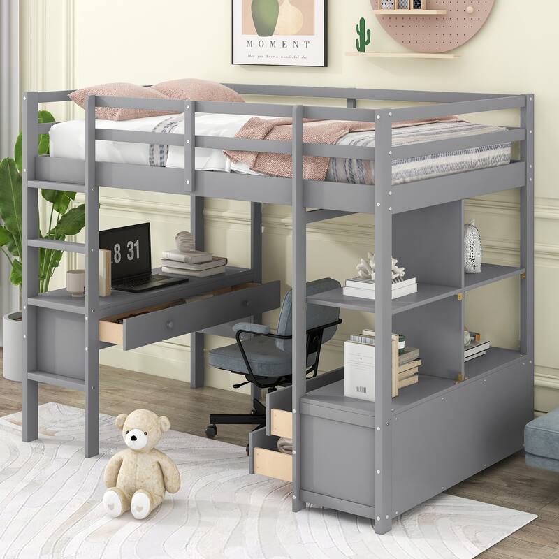 Twin Size Kids Loft Bed with Desk, Storage, Ladder & Safety Guardrail