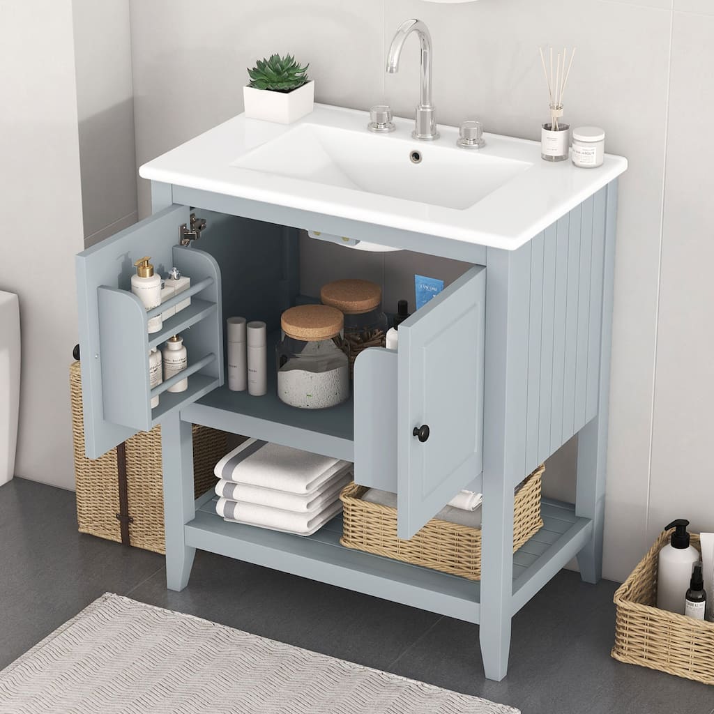 Bathroom Vanity with Sink, Bathroom Storage Cabinet with 2 Soft Closing Doors and Door Shelf, Bathroom Cabinet with Open Shelf