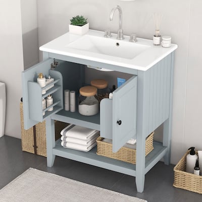 Modern & Simple Style 30" Bathroom Vanity with Ceramic Sink and Solid Wood Open Shelf