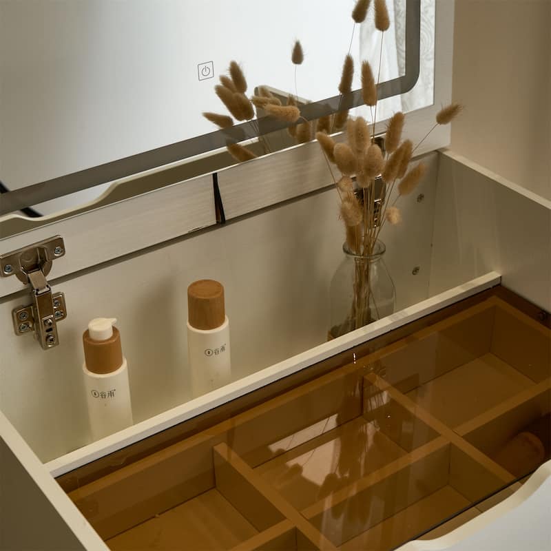 3-in-1 Small Vanity Desk with 3-color Lighting Mirror, Visible Glass Tabletop and Storage Bench