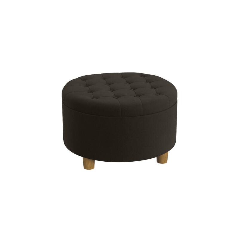 Jo Storage Ottoman, 28 Inch Round Tufted Lift Top, Chocolate Brown