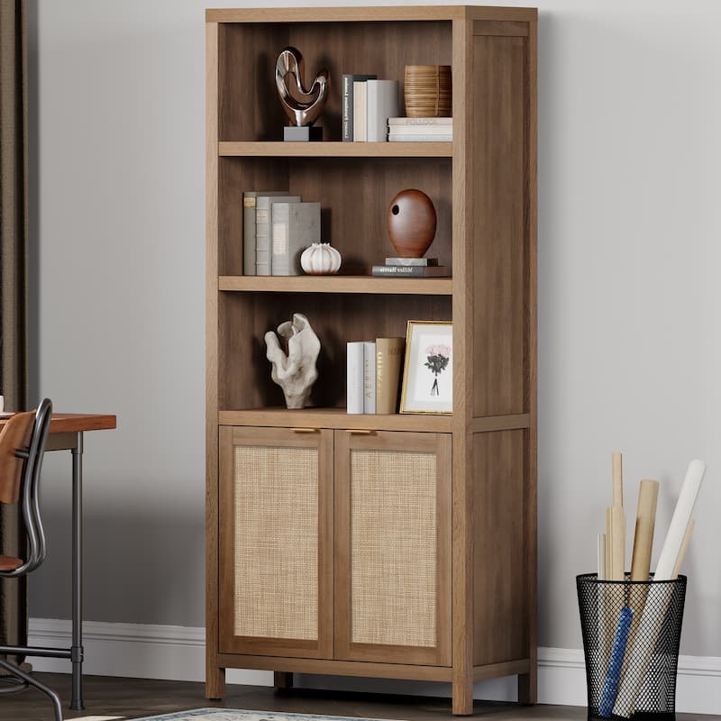 SICOTAS 5 Tier Adjustable Bookcase with Rattan Storage Cabinet