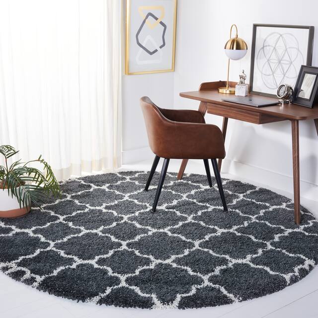 SAFAVIEH Hudson Shag Vitchka Glam Trellis 2-inch Area Rug - 7' x 7' Round - Dark Grey/Ivory