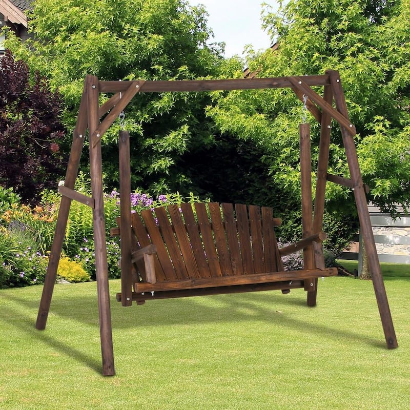 2-Seat Wooden Porch Swing, A-Frame Stand, Wagon Arms, Rustic Bench