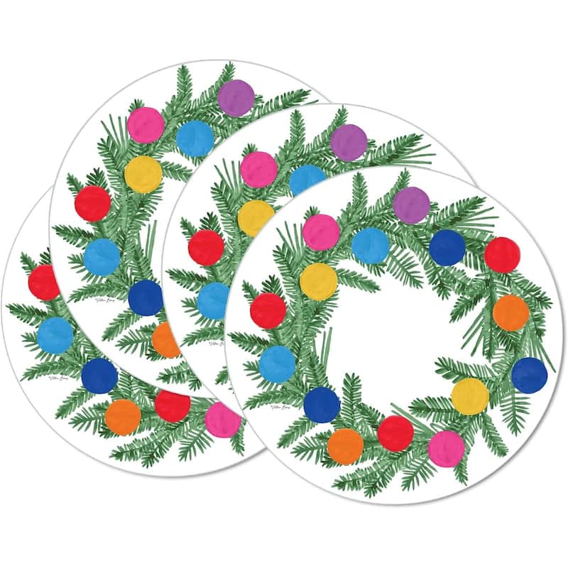Colorful Christmas Reversible Round Easy Care Flexible Plastic Placemat 4 Pack Made in The USA - Set of 4
