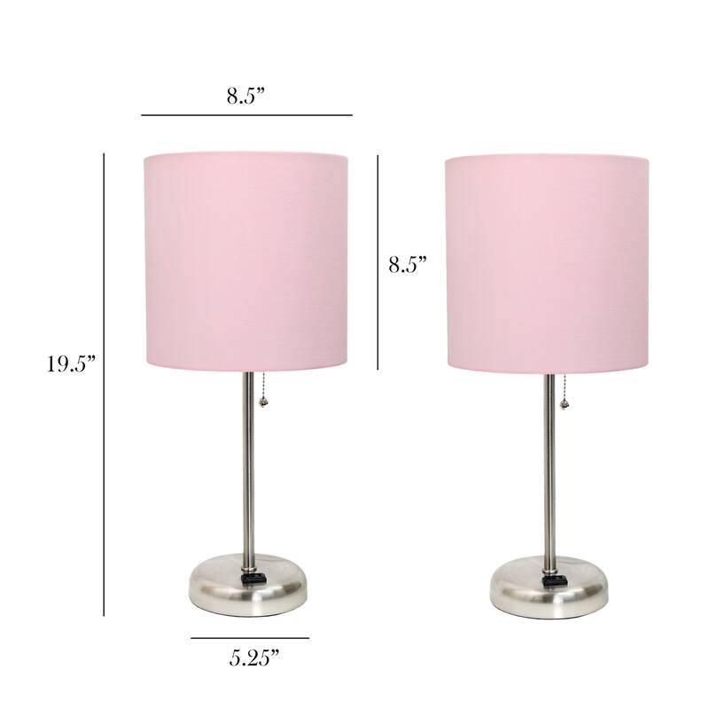 19.5 in. Brushed Steel Finish Table Lamp with Pink Shade, Desk Lamp for Writing and Computer Desks, Set of 2