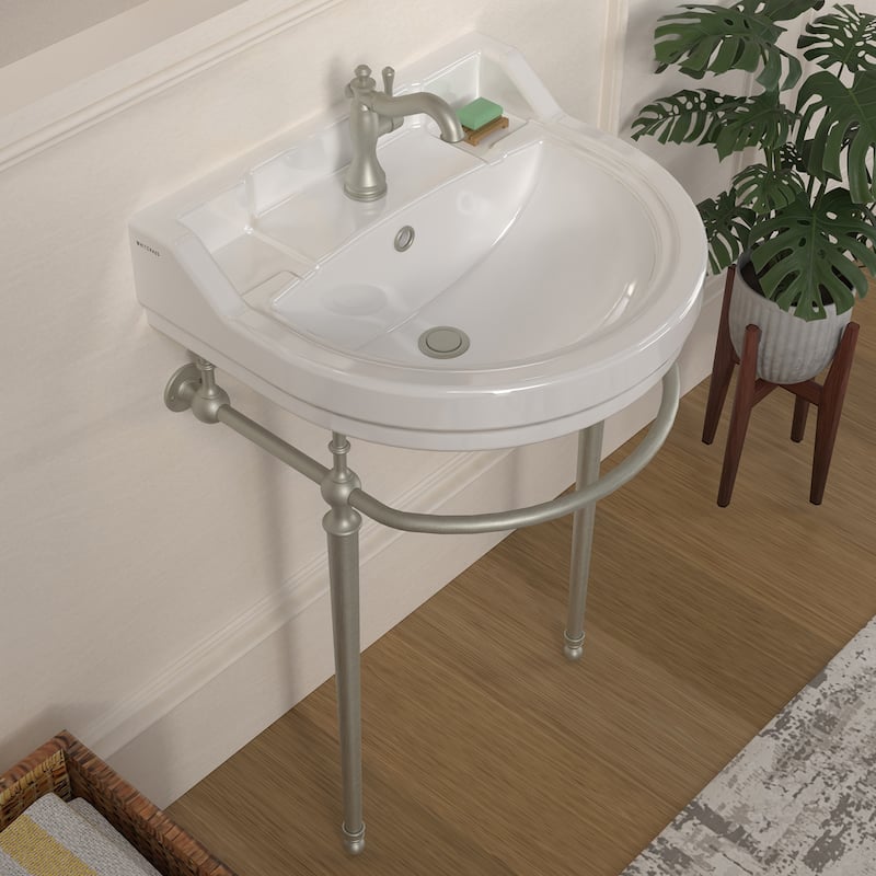 Whitehaus Console Sink With Semi-Circular Bowl, Metal Leg Supports and Front Towel Bar.
