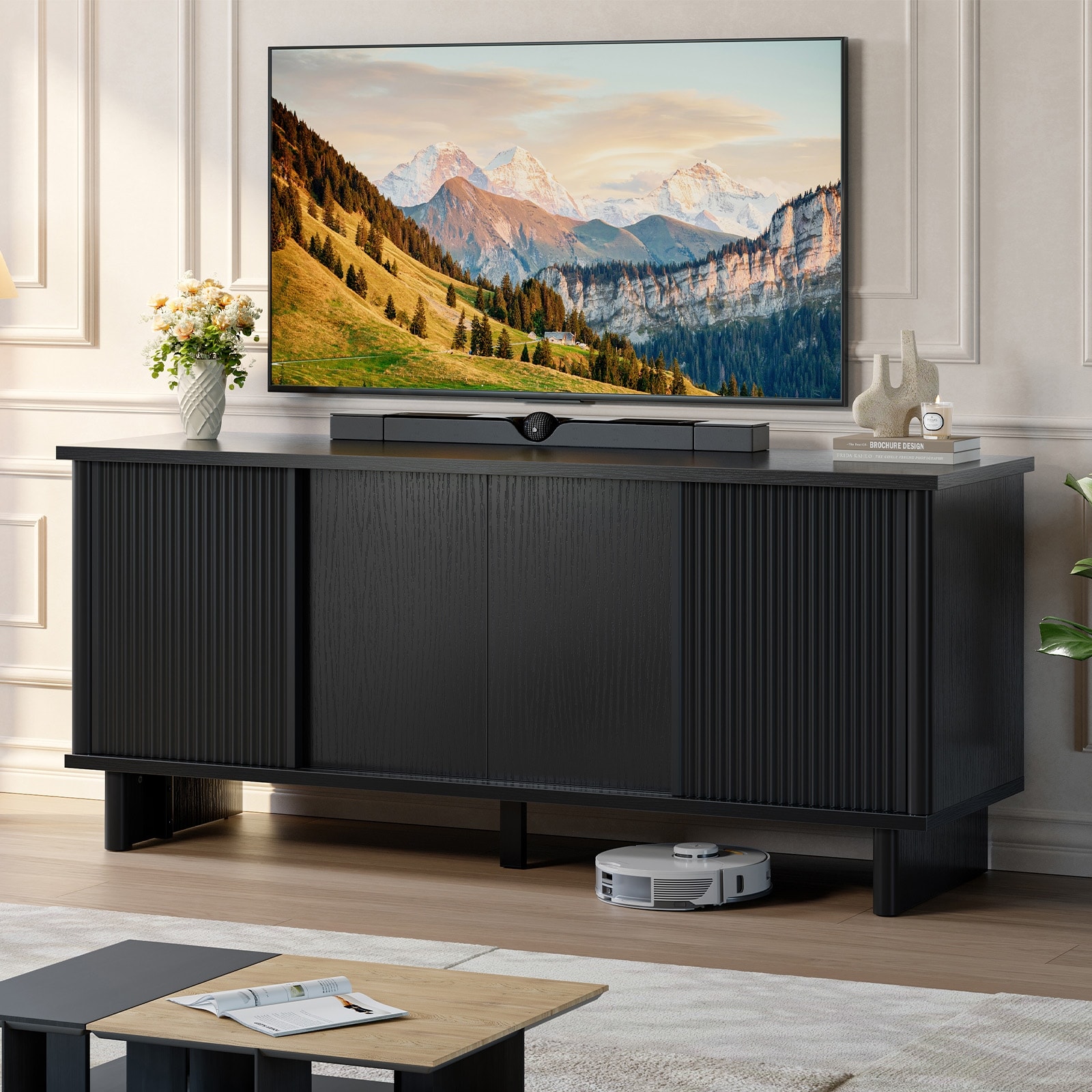 57" Fluted TV Stand with Sliding Doors, Media Console for TVs up to 65", Adjustable Shelves