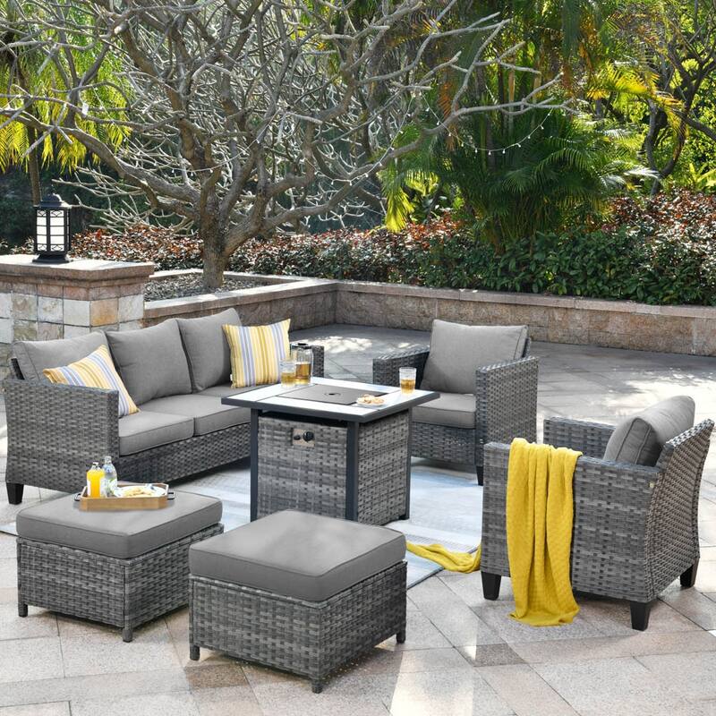 OVIOS 6-piece Patio Outdoor Wicker Conversation Set With 30" Fire Pit