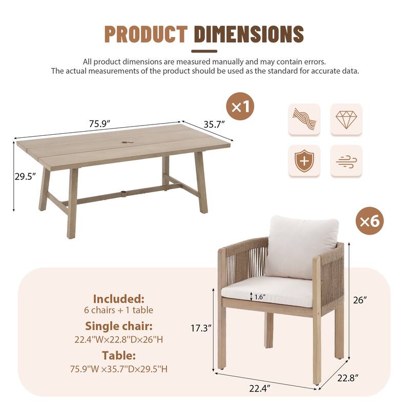 Outdoor Dining Set 7-Piece Acacia Wood Chair with Aluminum Table Rope-Woven Dining Armchair