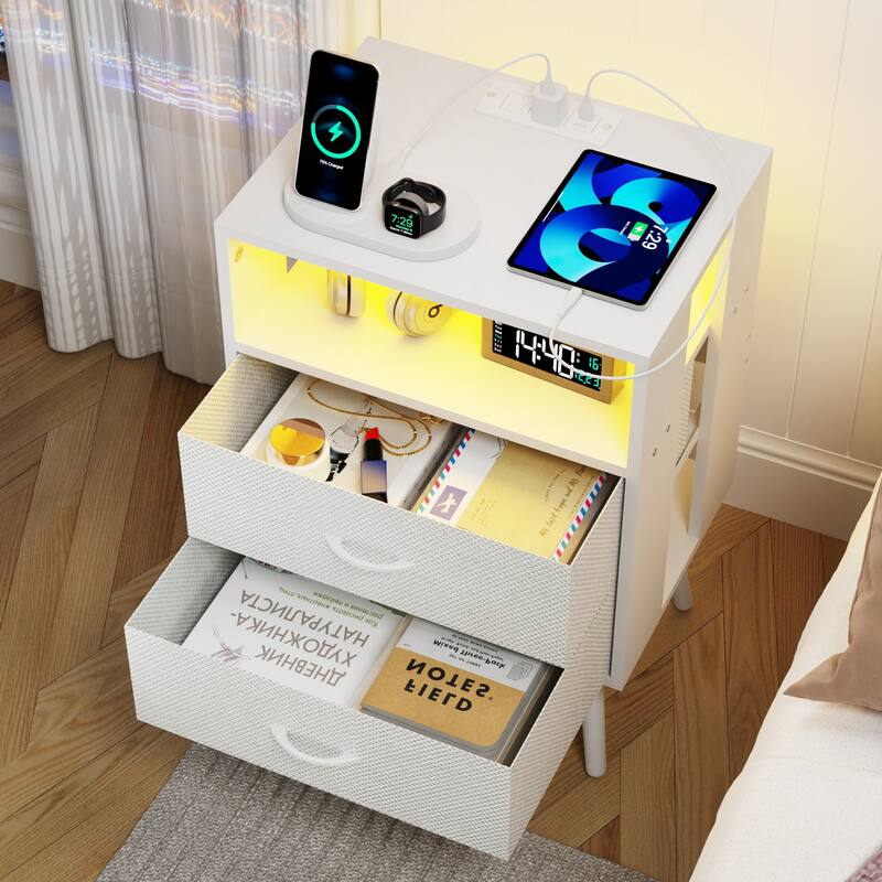 Modern 2-Piece Nightstand with LED Light and 2 Fabric Drawers