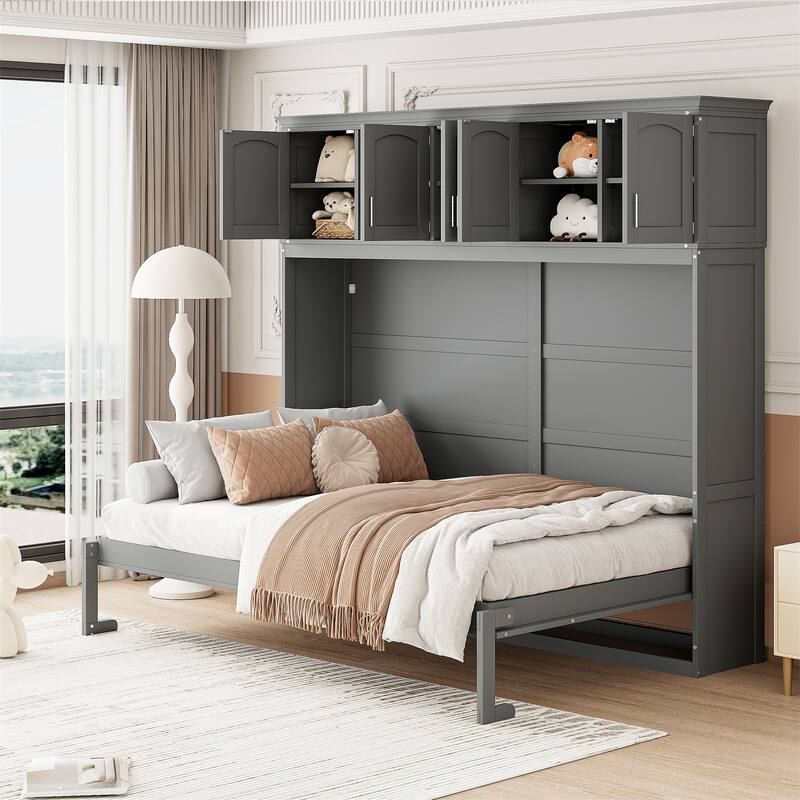 Queen Size Murphy Bed Wall Bed with Top Cabinets - Grey