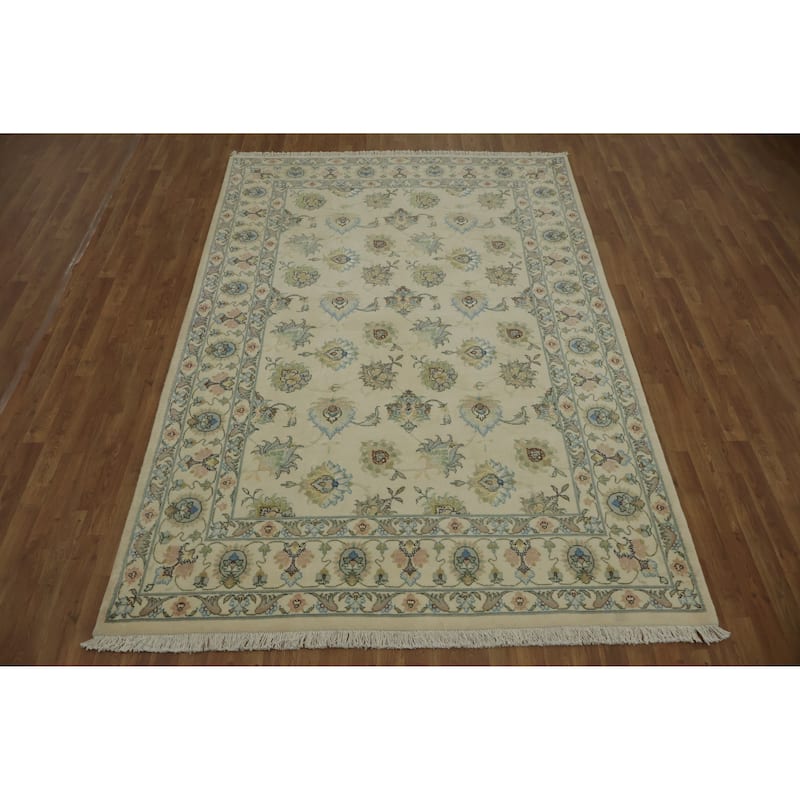Hand Knotted Oriental Wool & Silk Carpet Traditional All-Over Beige & Ivories Tabriz Area Rug - 9' 5'' X 6' 3''