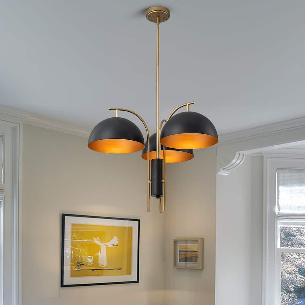 Modern Black and Gold Dome 3-Light Pendant Chandelier - W24.02"