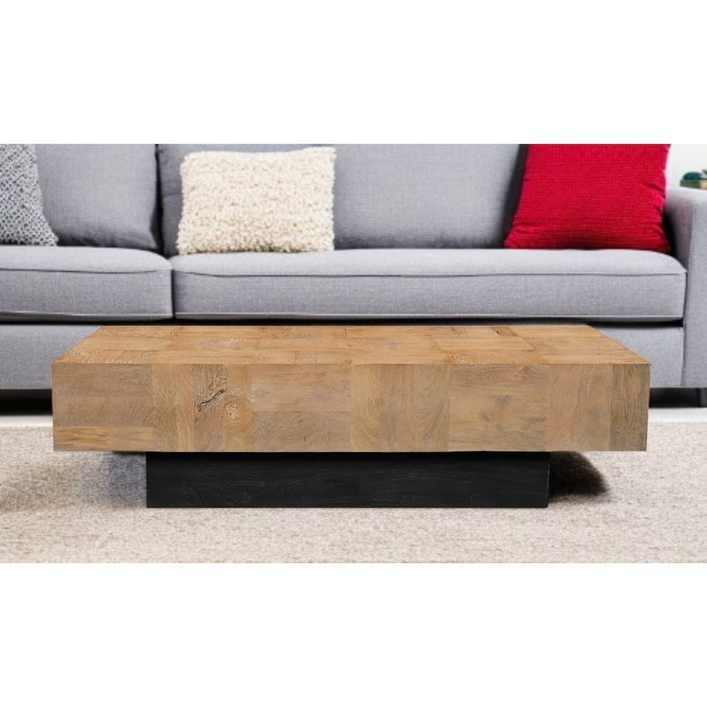 HomeRoots 59" Natural and Black Solid Wood Block Coffee Table - 59