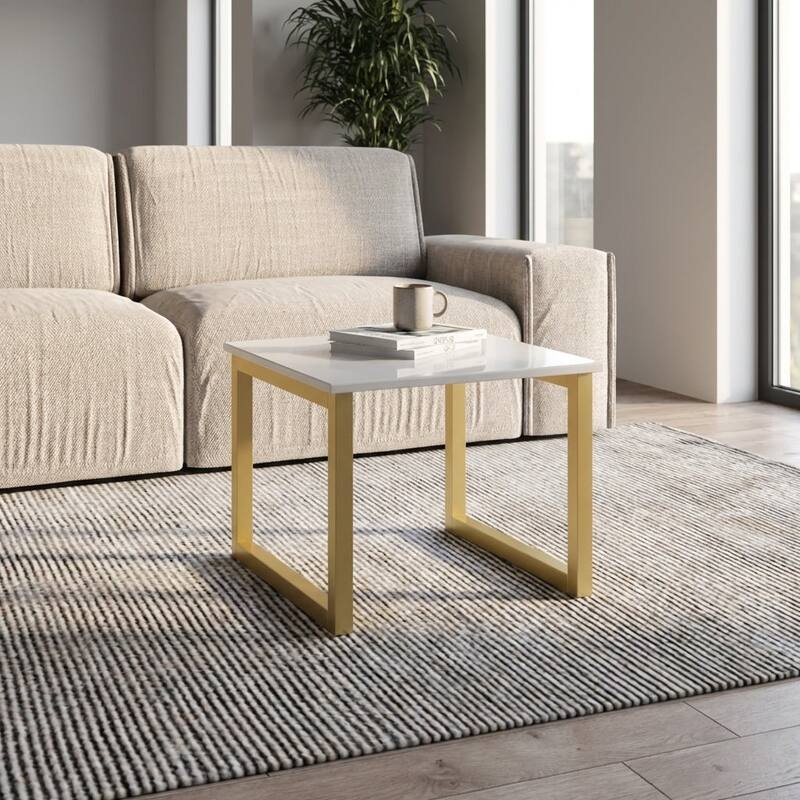 Meble Furniture Mawa 24-Inch Modern Square Coffee Table with High Gloss Top and Metal Sled Legs - Contemporary European Design