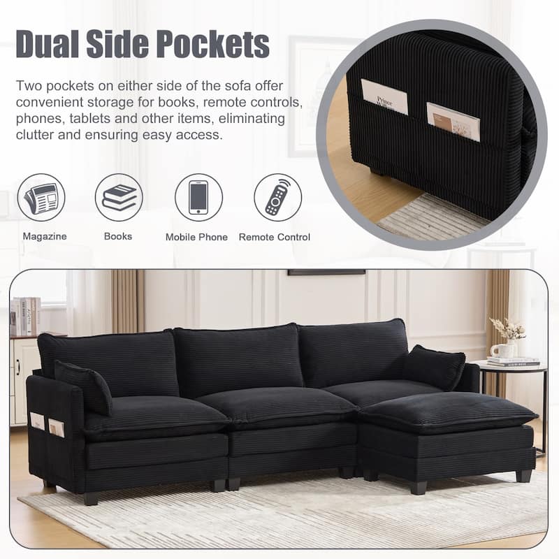 102.95" L-Shaped Corduroy Sectional Sofa with Movable Ottoman