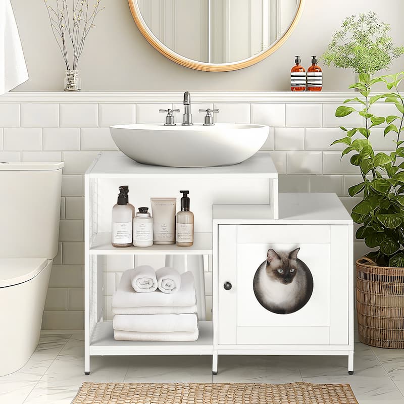 Cat Litter Box Enclosure for Bathroom, Hidden Litter Pet Washroom with Divider, Indoor Cat House for Large Cats, White - White