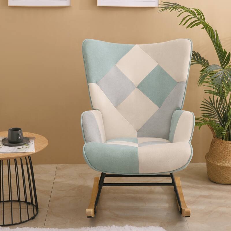 Mid Century Fabric Rocker Chair with Wood Legs for Livingroom Bedroom - 37.8"L x 25.98"W x 35.43"H - Blue