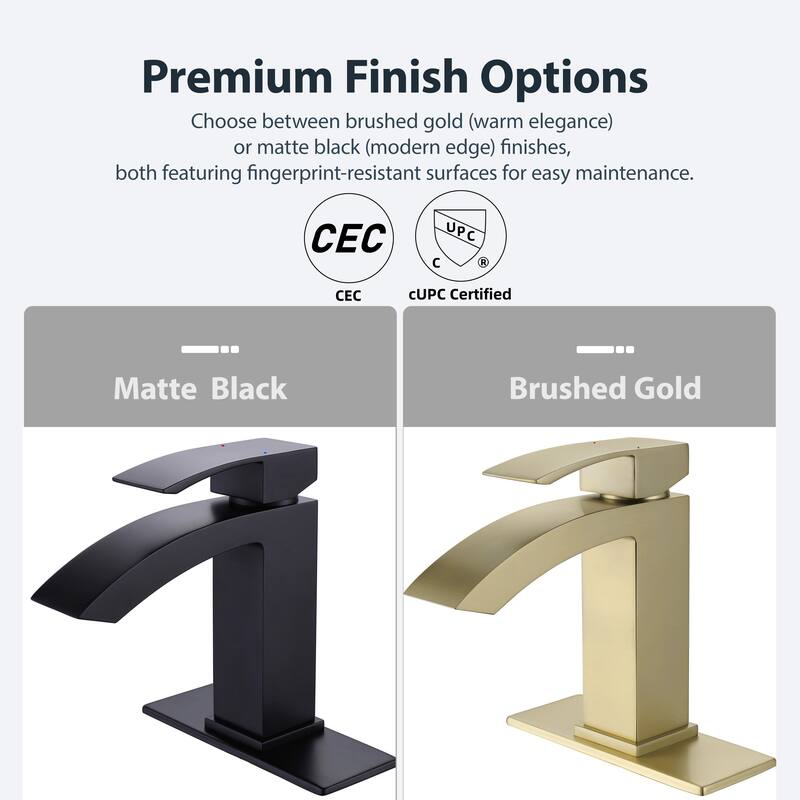 Modland Waterfall Bathroom Faucet Single Hole, CEC/CUPC Certified, with Cover Plate (Brushed Gold/Matte Black)