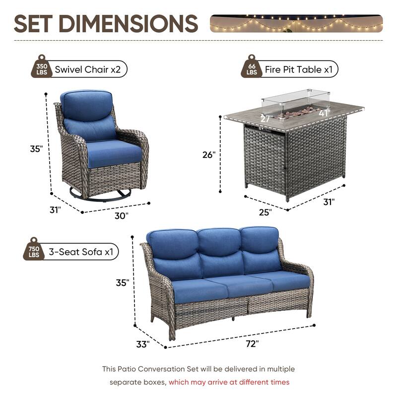 Pocassy Outdoor Fire Pit with Sofa Swivel Chairs Conversation Set