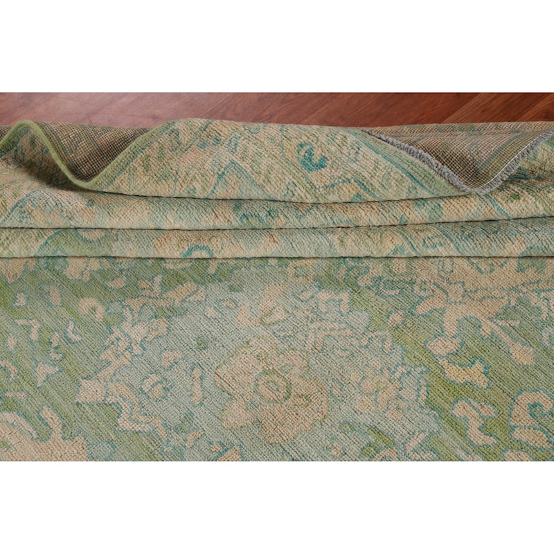 Hand Knotted Oriental 100% Wool Carpet Transitional All-Over Green Oushak Area Rug - 11' 10'' X 9' 0''