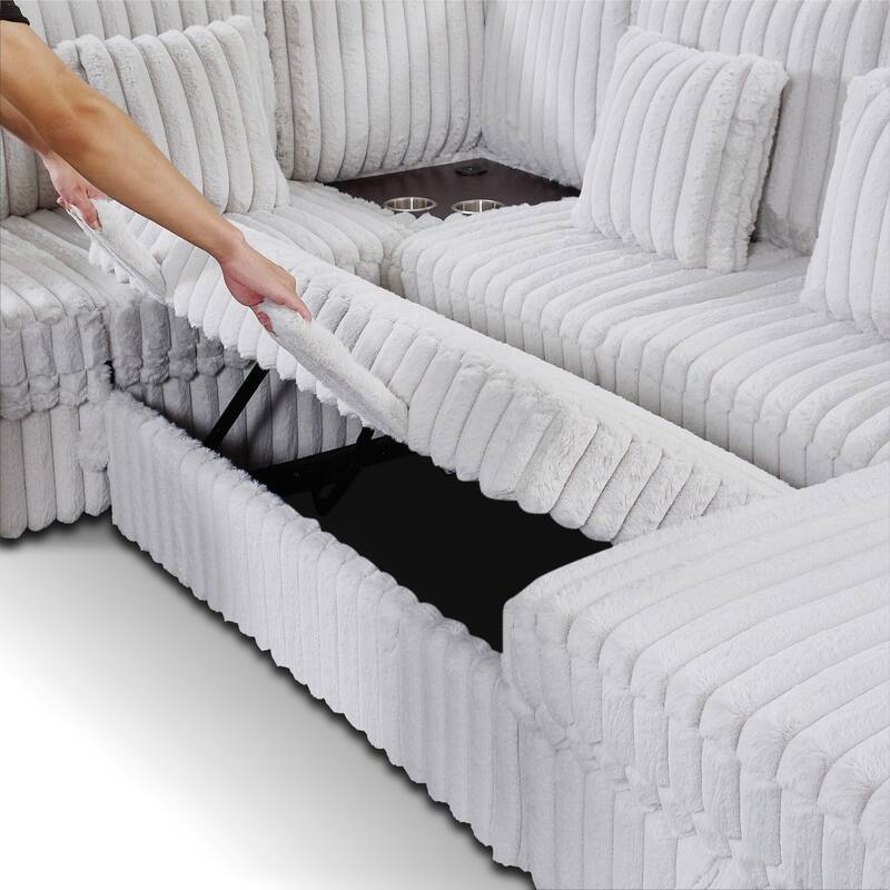 110" U-shaped Corduroy Sectional Sofa, Corner Coffee Table with USB port, Pull-out Bed