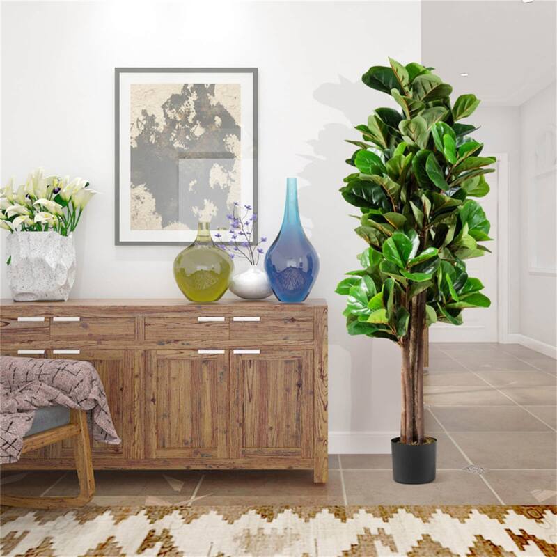 Artificial Fiddle Leaf Fig Tree 5 Feet Lifelike Indoor and Outdoor Plant with Moss Filled Pot - 6" x 5"