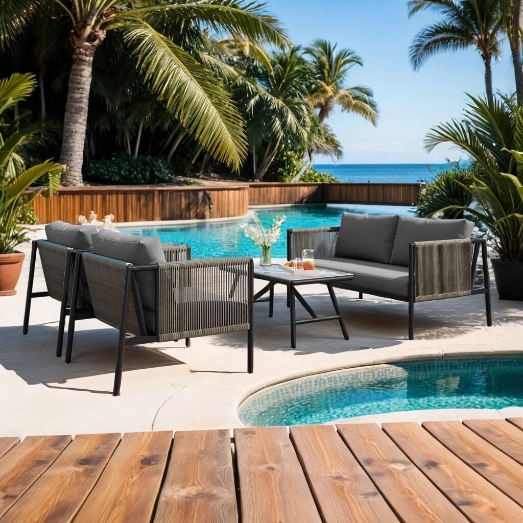 4-Piece Rope Sofa Set with Thick Cushions and Glass Table, Grey